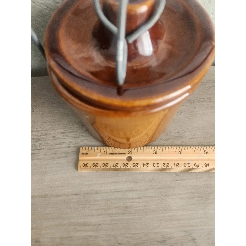 Vintage Brown Glazed Stoneware Cheese/Butter Crock with Bail Clamp Lid - 5 